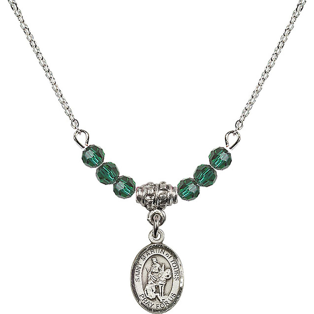 Sterling Silver Saint Martin of Tours Birthstone Necklace with Emerald Beads - 9200