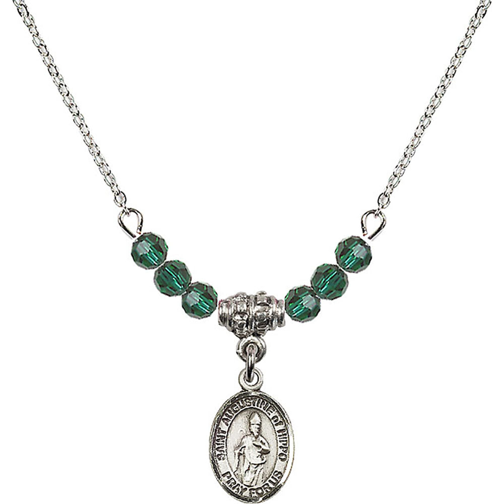 Sterling Silver Saint Augustine of Hippo Birthstone Necklace with Emerald Beads - 9202