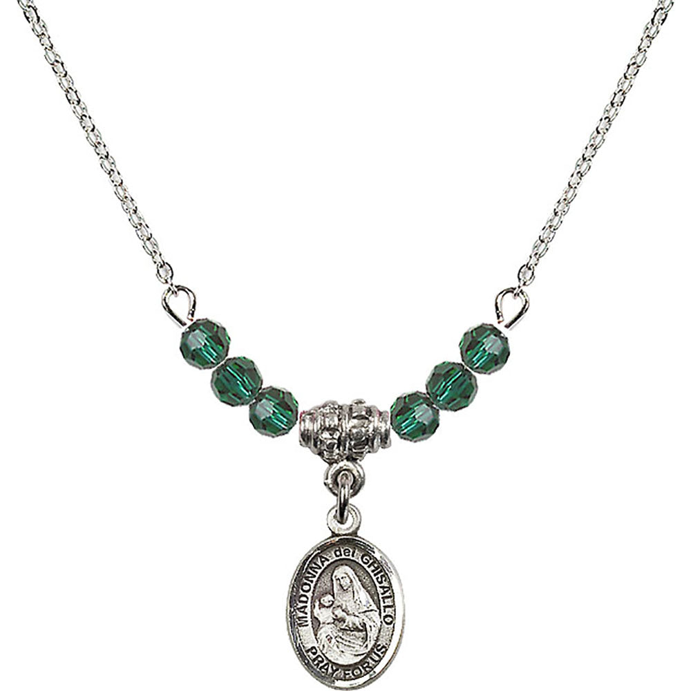 Sterling Silver Madonna del Ghisallo Birthstone Necklace with Emerald Beads - 9203