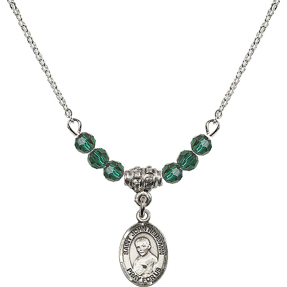 Sterling Silver Saint John Neumann Birthstone Necklace with Emerald Beads - 9204