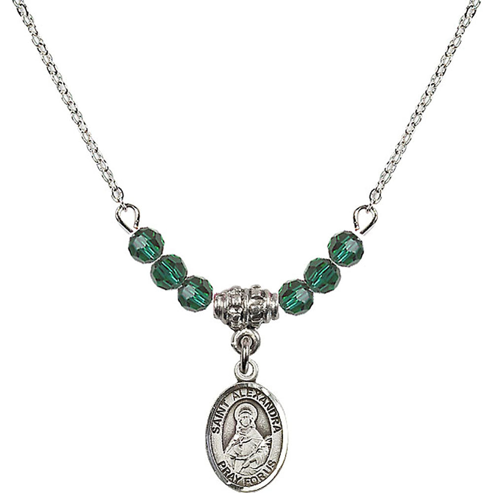 Sterling Silver Saint Alexandra Birthstone Necklace with Emerald Beads - 9215