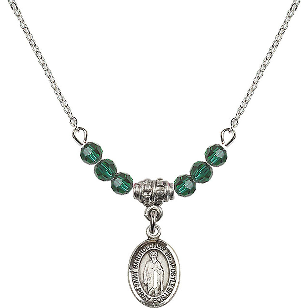 Sterling Silver Saint Bartholomew the Apostle Birthstone Necklace with Emerald Beads - 9238