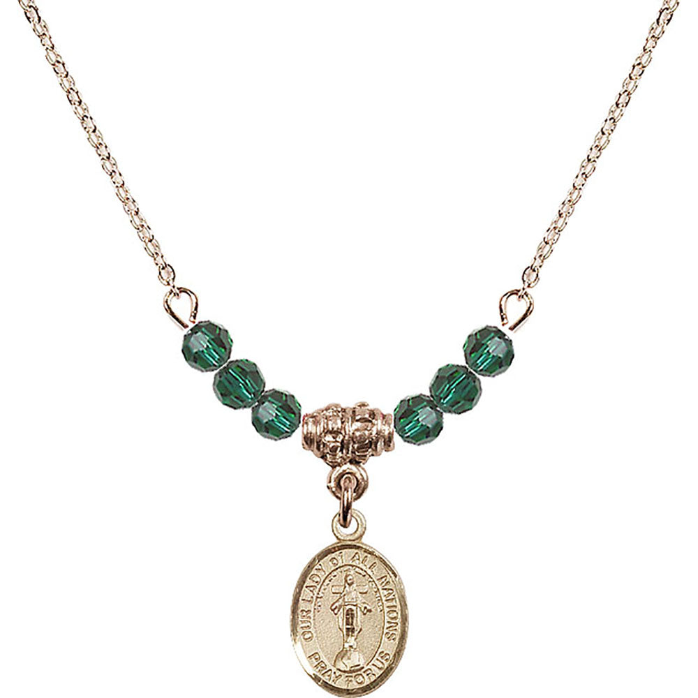 14kt Gold Filled Our Lady of All Nations Birthstone Necklace with Emerald Beads - 9242