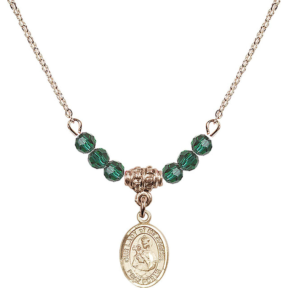 14kt Gold Filled Our Lady of Mount Carmel Birthstone Necklace with Emerald Beads - 9243