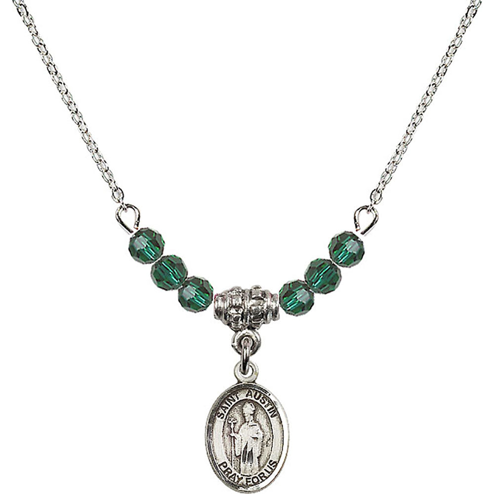 Sterling Silver Saint Austin Birthstone Necklace with Emerald Beads - 9256