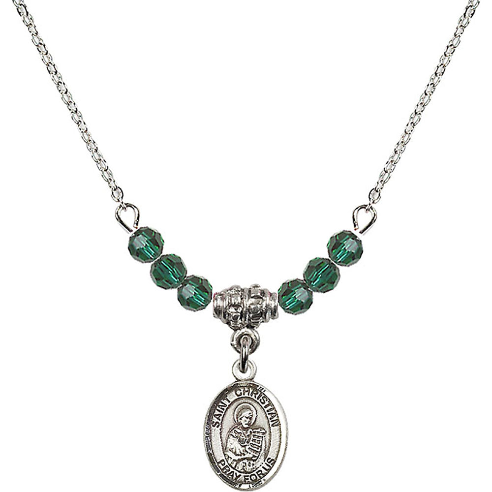 Sterling Silver Saint Christian Demosthenes Birthstone Necklace with Emerald Beads - 9257