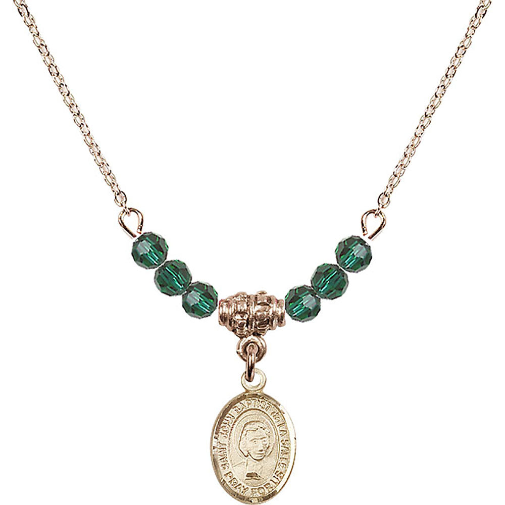 14kt Gold Filled Saint John Baptist de la Salle Birthstone Necklace with Emerald Beads - 9262