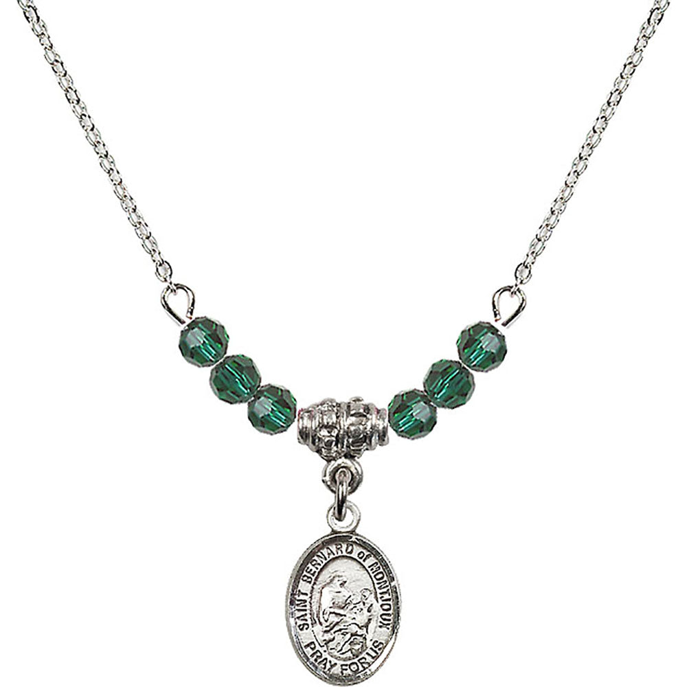 Sterling Silver Saint Bernard of Montjoux Birthstone Necklace with Emerald Beads - 9264