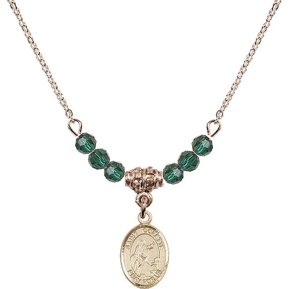 14kt Gold Filled Saint Colette Birthstone Necklace with Emerald Beads - 9268
