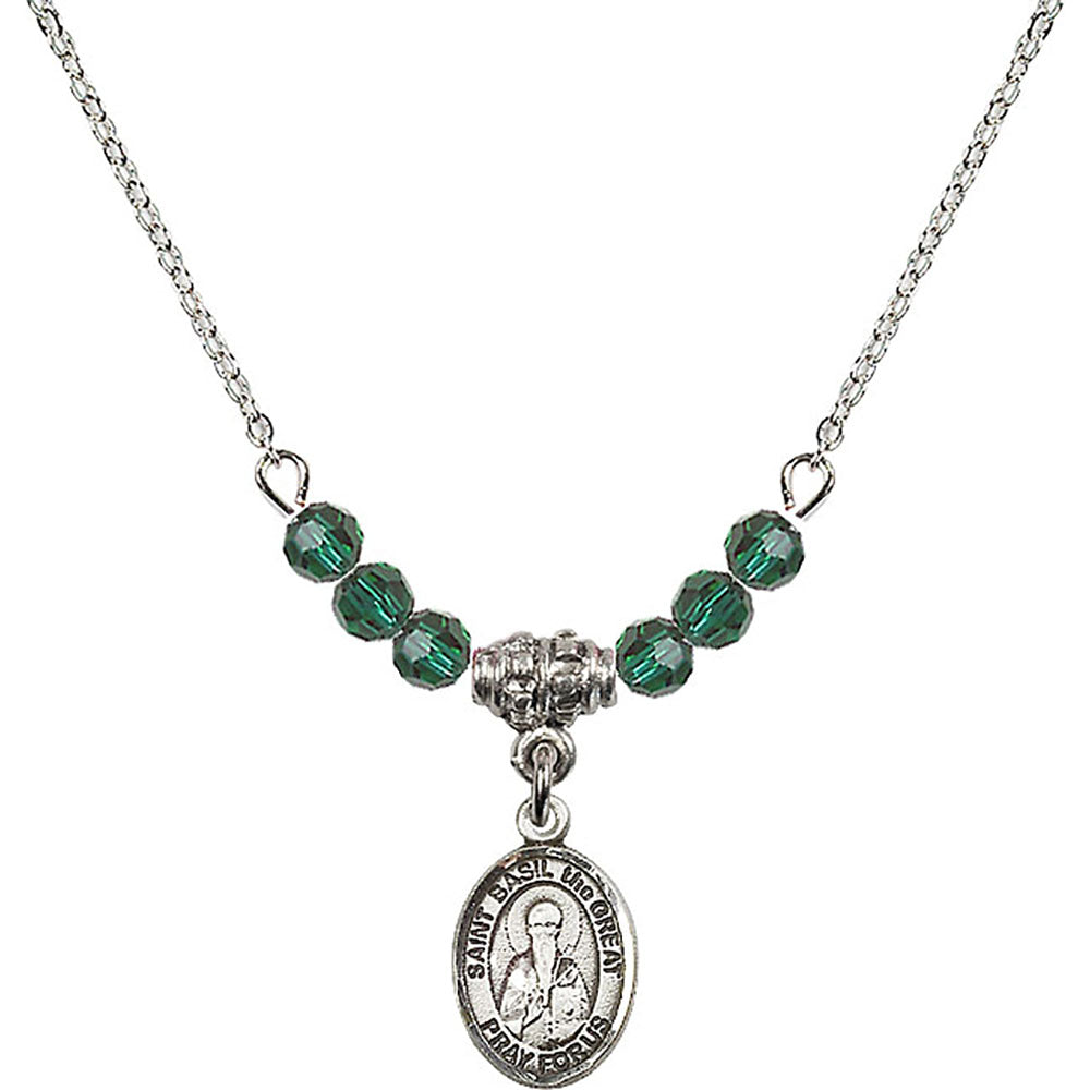 Sterling Silver Saint Basil the Great Birthstone Necklace with Emerald Beads - 9275
