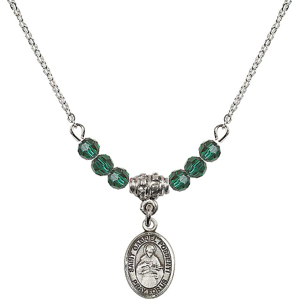Sterling Silver Saint Gabriel Possenti Birthstone Necklace with Emerald Beads - 9279