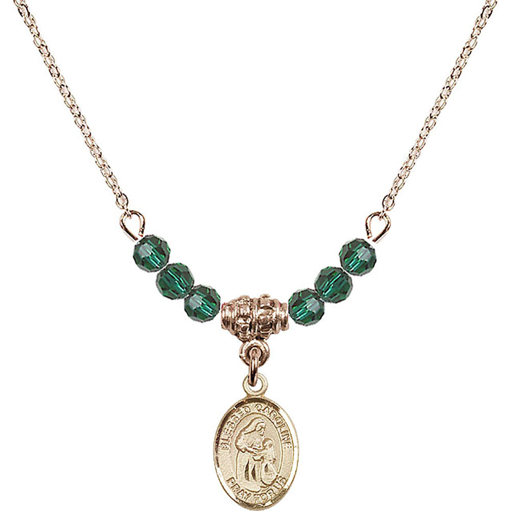 14kt Gold Filled Blessed Caroline Gerhardinger Birthstone Necklace with Emerald Beads - 9281