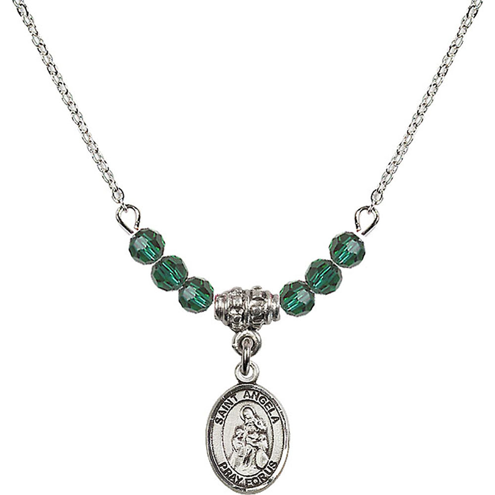 Sterling Silver Saint Angela Merici Birthstone Necklace with Emerald Beads - 9284