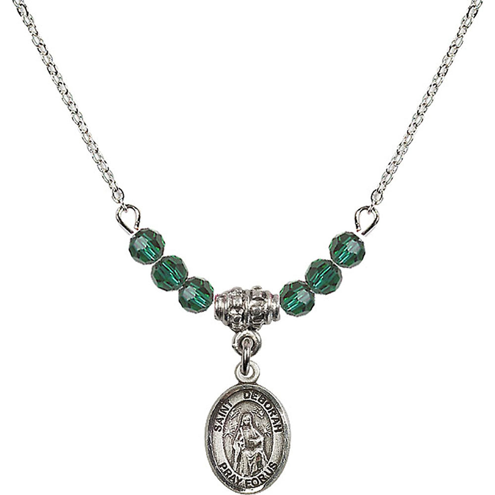 Sterling Silver Saint Deborah Birthstone Necklace with Emerald Beads - 9286