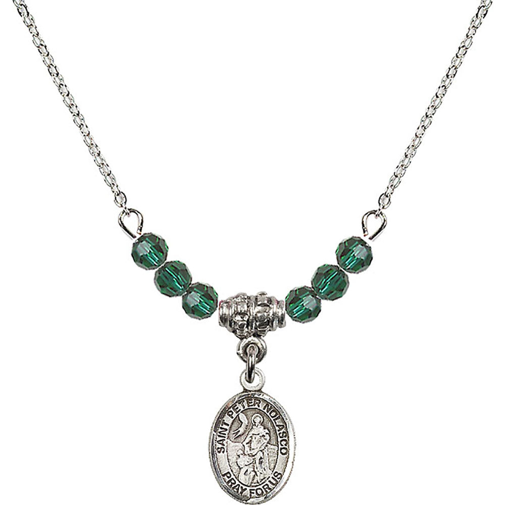 Sterling Silver Saint Peter Nolasco Birthstone Necklace with Emerald Beads - 9291