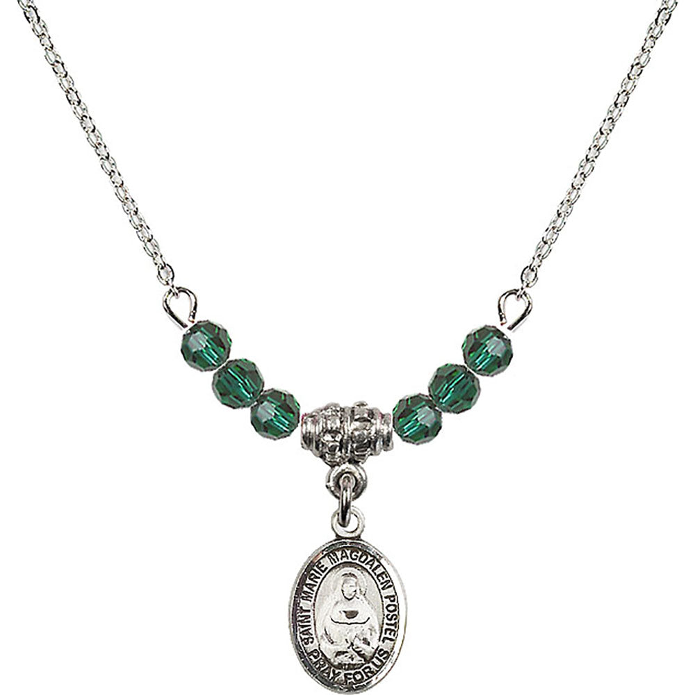 Sterling Silver Saint Marie Magdalen Postel Birthstone Necklace with Emerald Beads - 9294