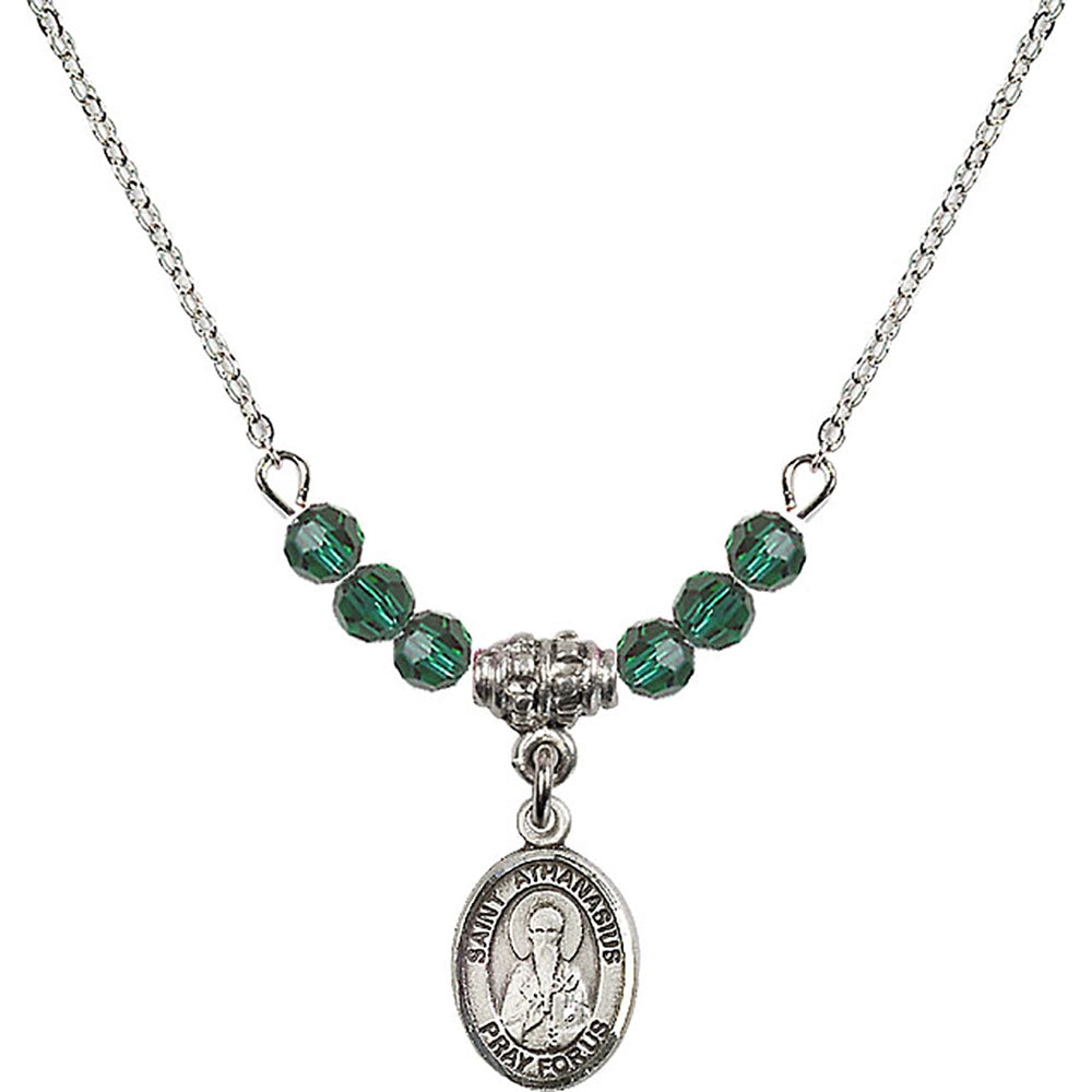 Sterling Silver Saint Athanasius Birthstone Necklace with Emerald Beads - 9296