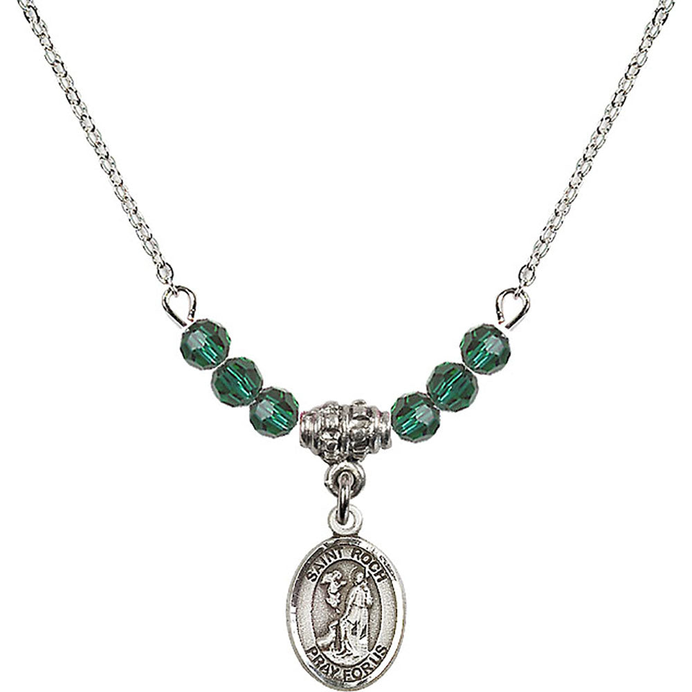 Sterling Silver Saint Roch Birthstone Necklace with Emerald Beads - 9310