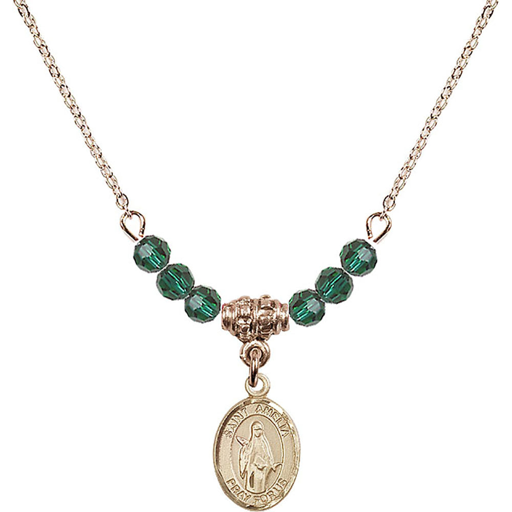 14kt Gold Filled Saint Amelia Birthstone Necklace with Emerald Beads - 9313