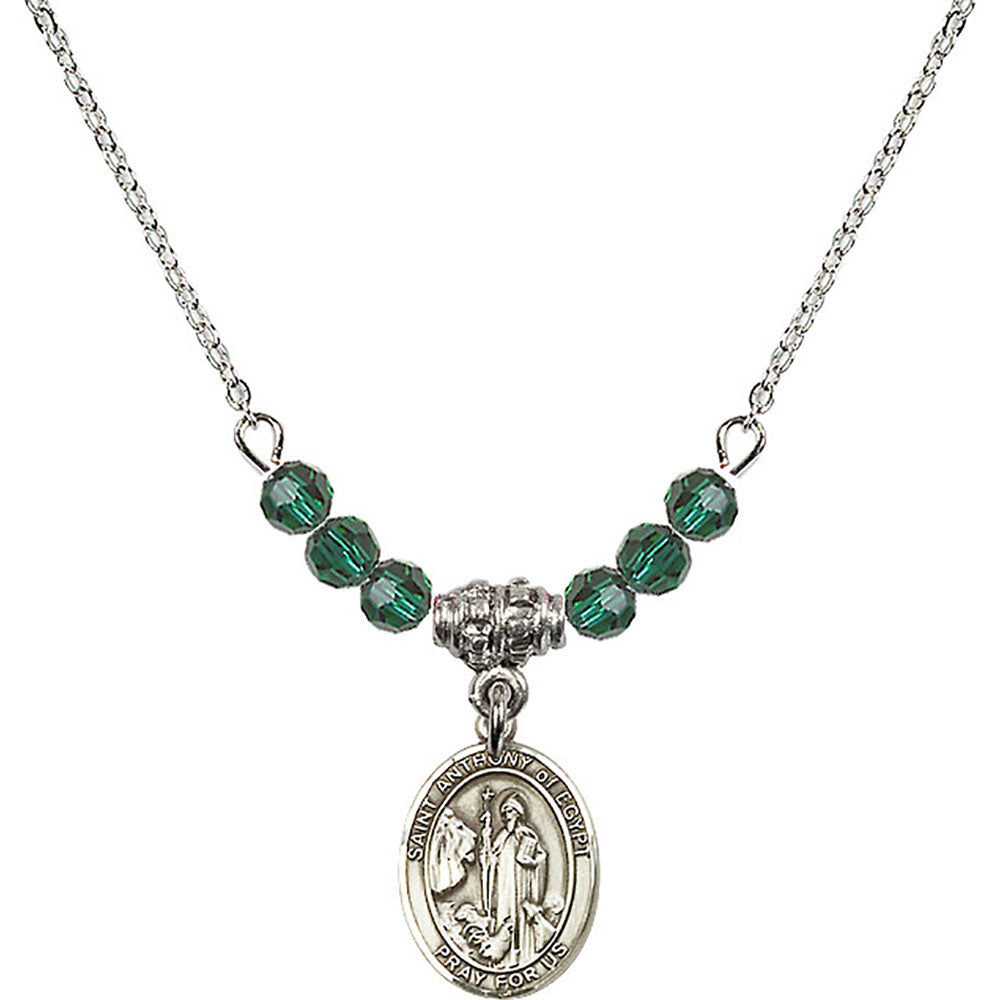 Sterling Silver Saint Anthony of Egypt Birthstone Necklace with Emerald Beads - 9317