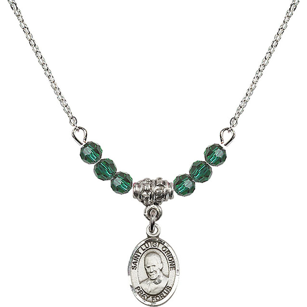 Sterling Silver Saint Luigi Orione Birthstone Necklace with Emerald Beads - 9326