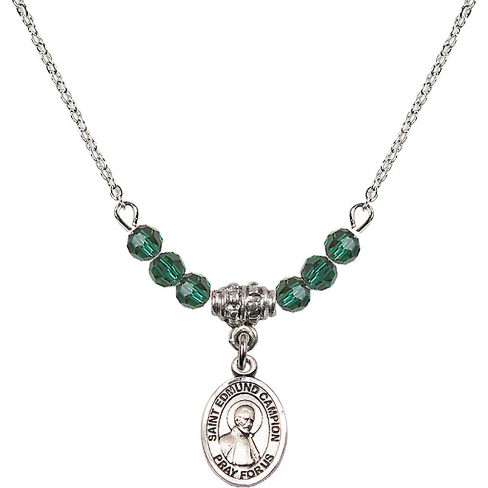 Sterling Silver Saint Edmund Campion Birthstone Necklace with Emerald Beads - 9333