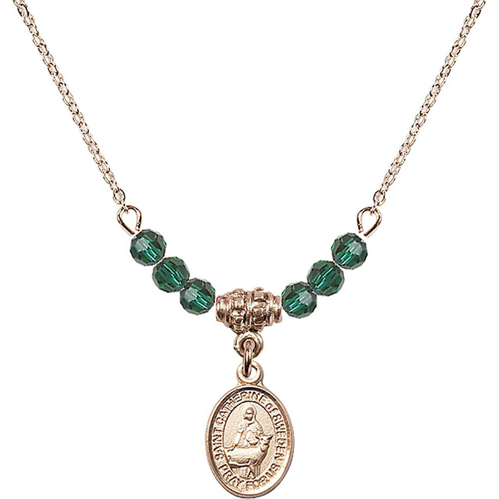 14kt Gold Filled Saint Catherine of Sweden Birthstone Necklace with Emerald Beads - 9336