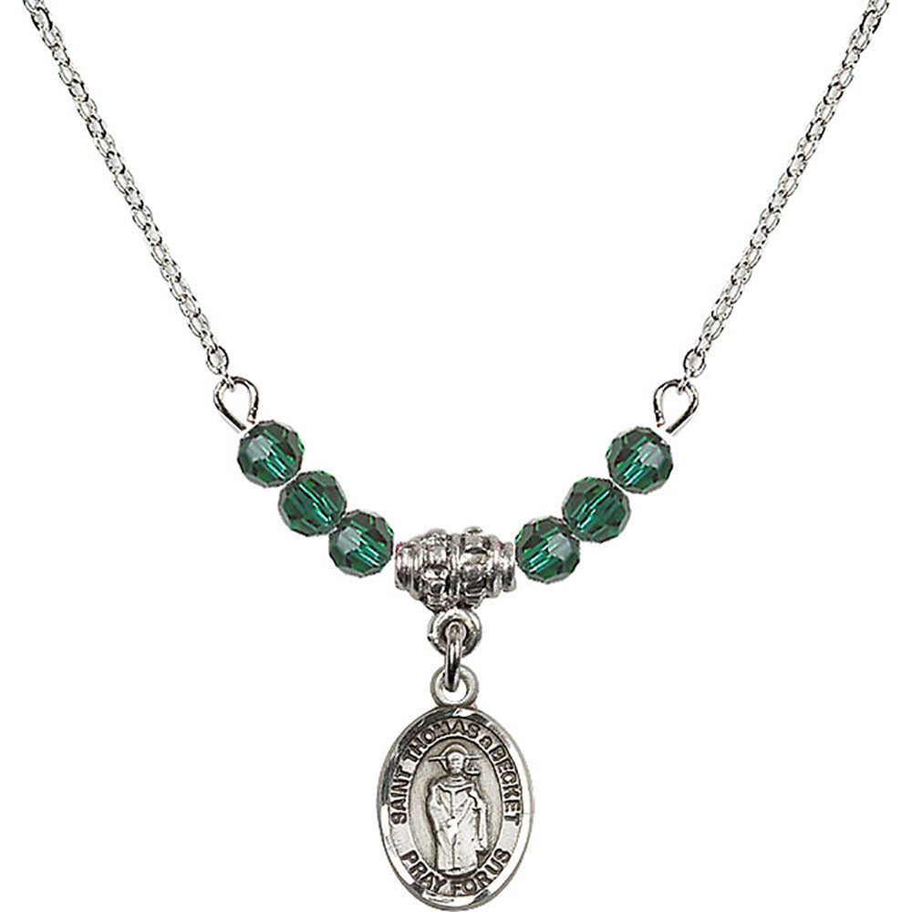 Sterling Silver Saint Thomas A Becket Birthstone Necklace with Emerald Beads - 9344