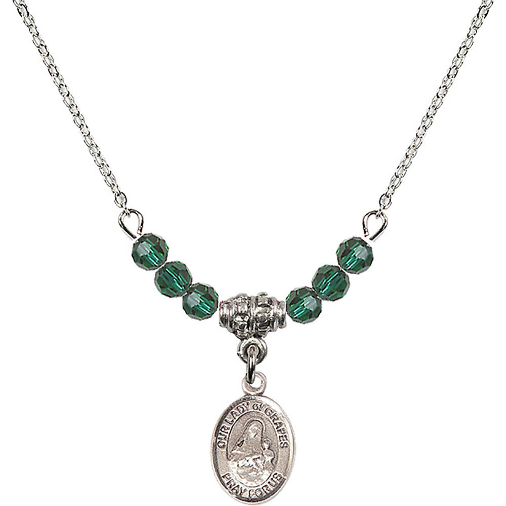 Sterling Silver Our Lady of Grapes Birthstone Necklace with Emerald Beads - 9347