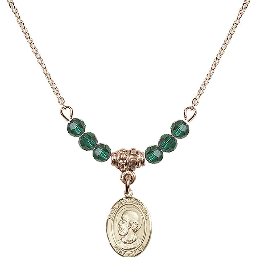 14kt Gold Filled Pope Saint Eugene I Birthstone Necklace with Emerald Beads - 9352