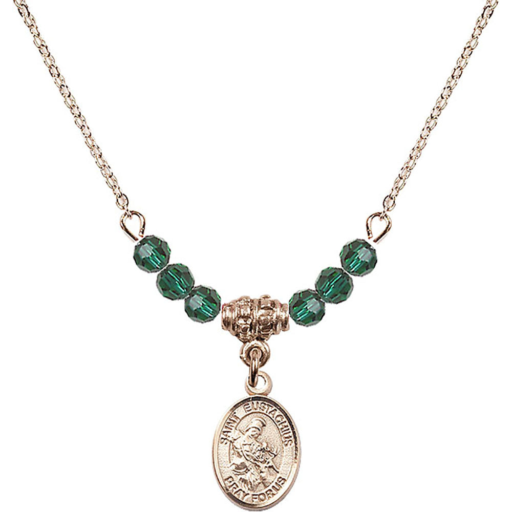 14kt Gold Filled Saint Eustachius Birthstone Necklace with Emerald Beads - 9356
