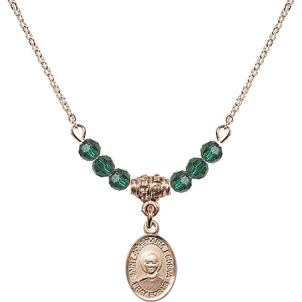 14kt Gold Filled Saint Josemaria Escriva Birthstone Necklace with Emerald Beads - 9362