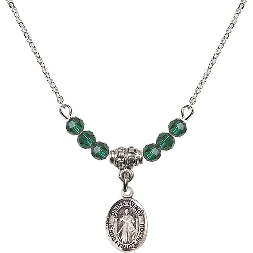Sterling Silver Divine Mercy Birthstone Necklace with Emerald Beads - 9366