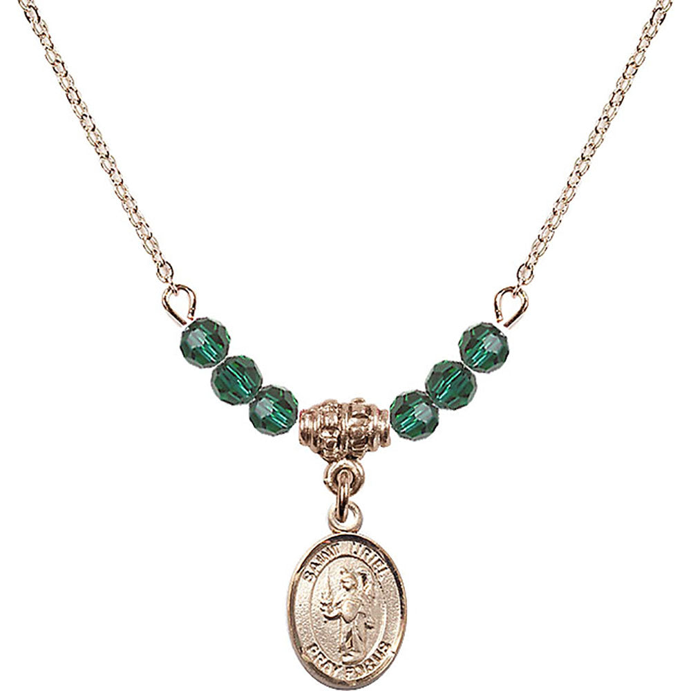 14kt Gold Filled Saint Uriel the Archangel Birthstone Necklace with Emerald Beads - 9378