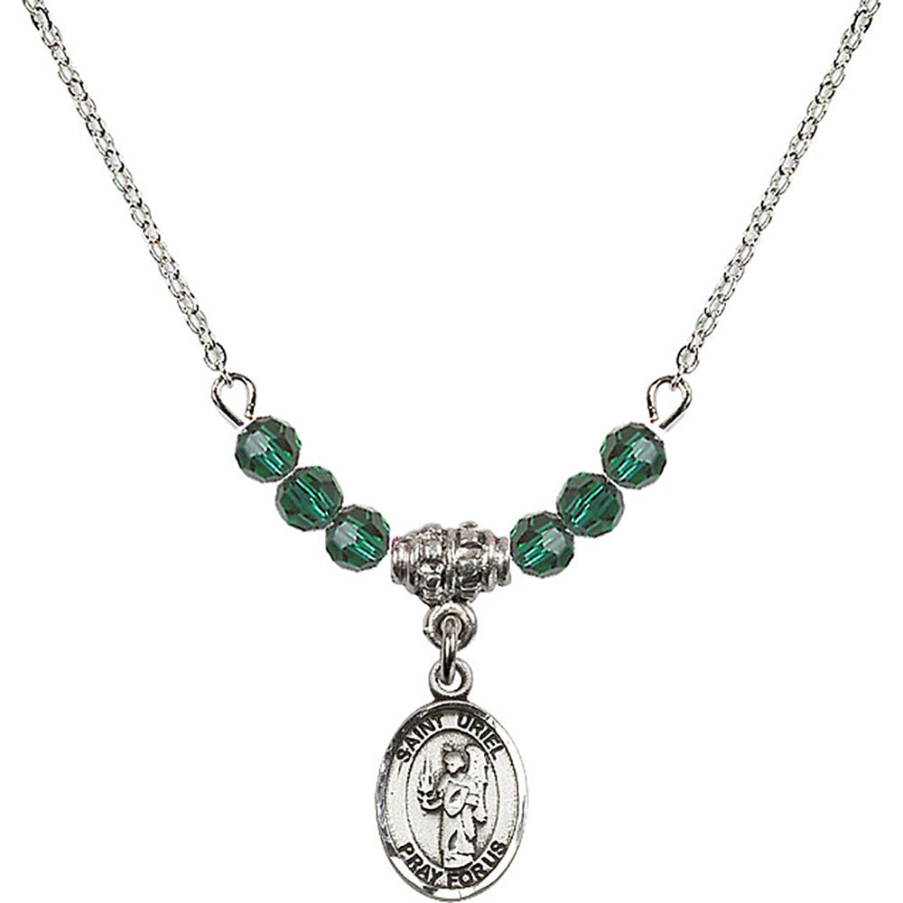 Sterling Silver Saint Uriel the Archangel Birthstone Necklace with Emerald Beads - 9378
