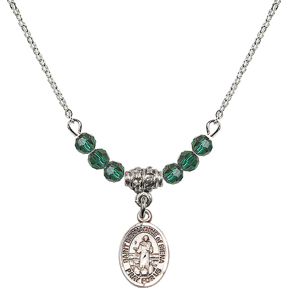 Sterling Silver Saint Bernadine of Sienna Birthstone Necklace with Emerald Beads - 9387