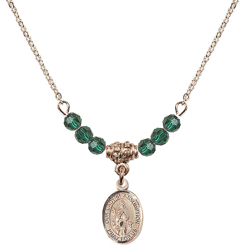 14kt Gold Filled Our Lady of Assumption Birthstone Necklace with Emerald Beads - 9388