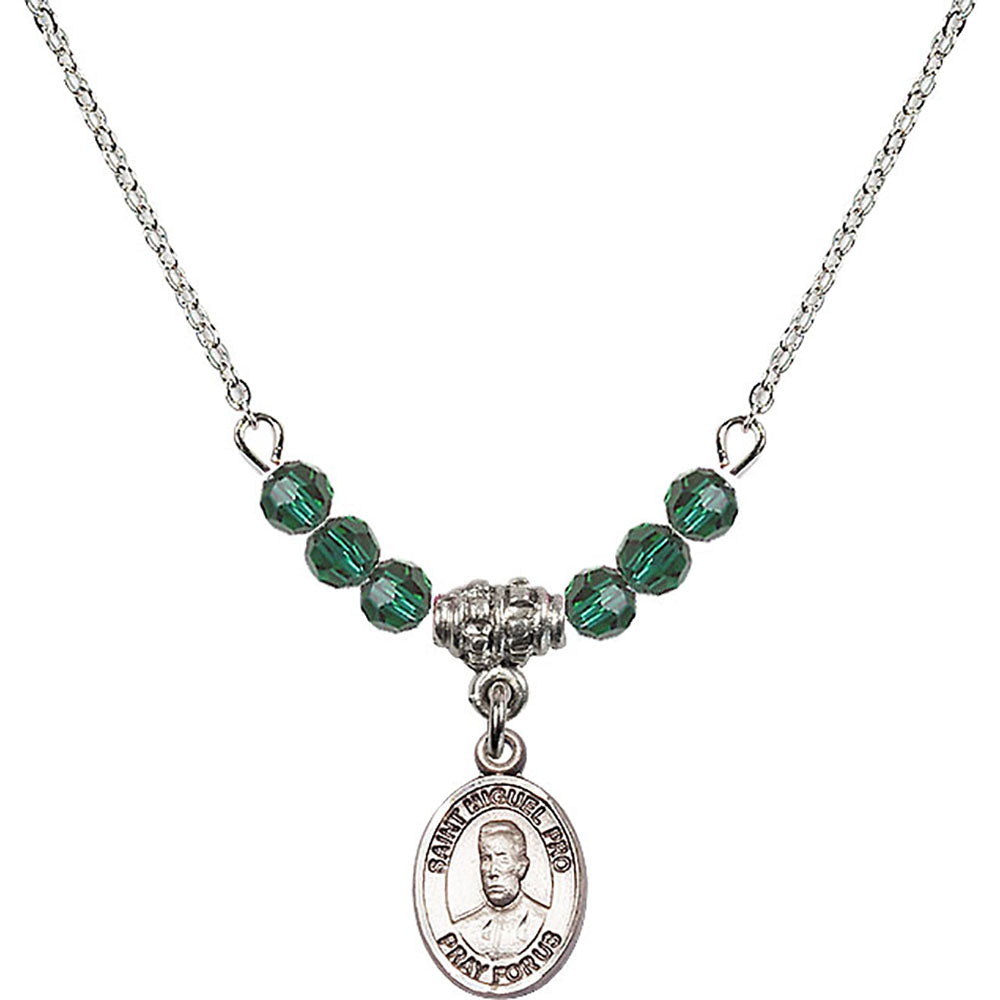 Sterling Silver Blessed Miguel Pro Birthstone Necklace with Emerald Beads - 9389