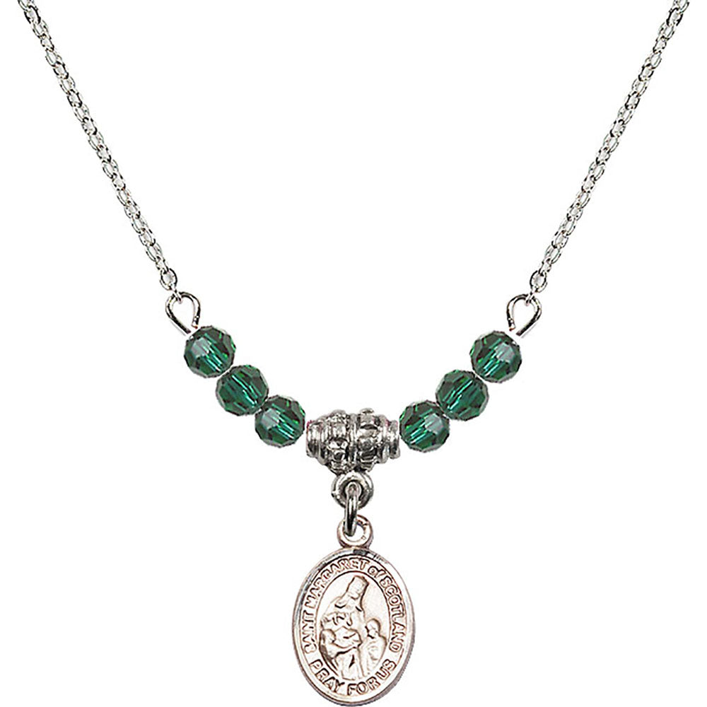 Sterling Silver Saint Margaret of Scotland Birthstone Necklace with Emerald Beads - 9407
