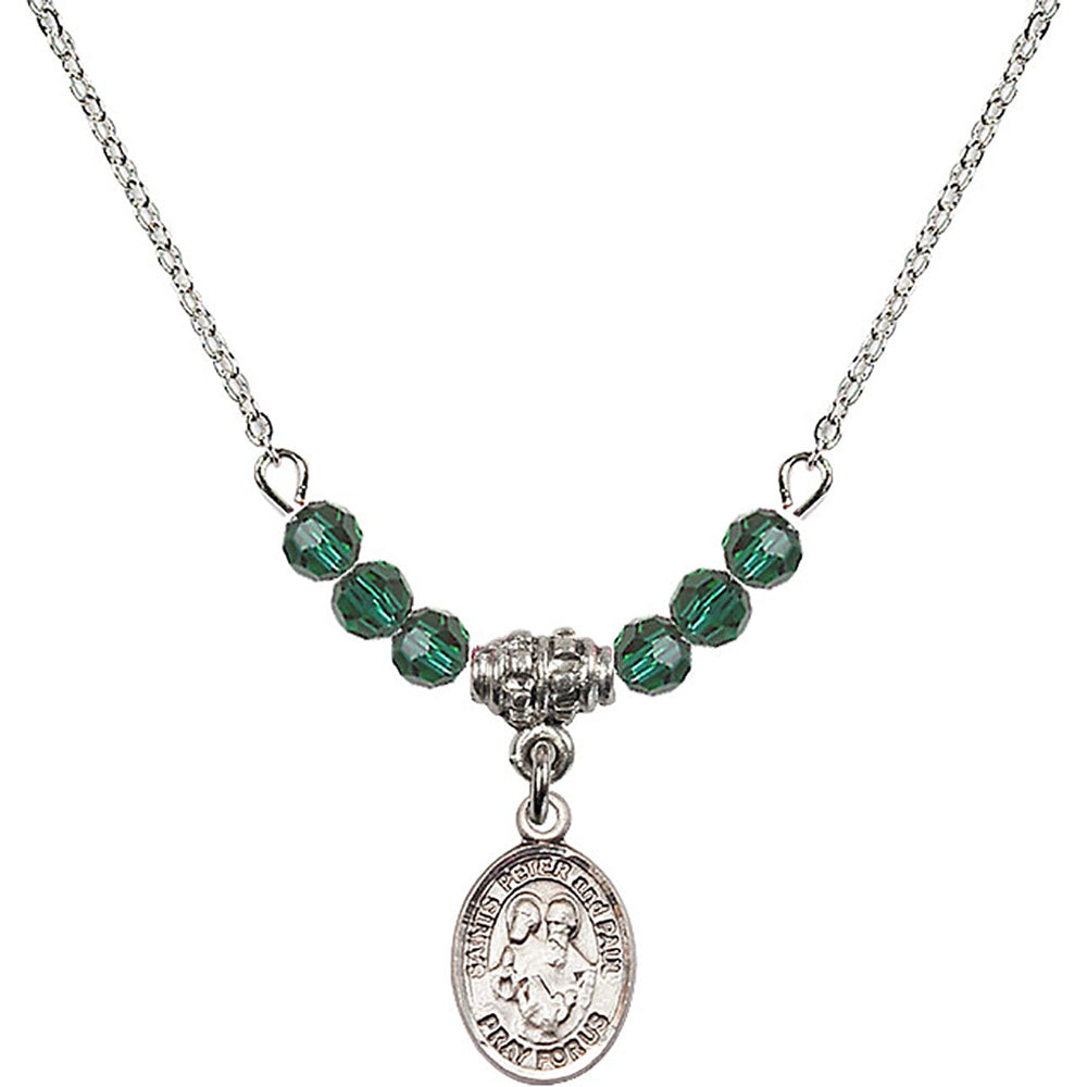Sterling Silver Saints Peter & Paul Birthstone Necklace with Emerald Beads - 9410