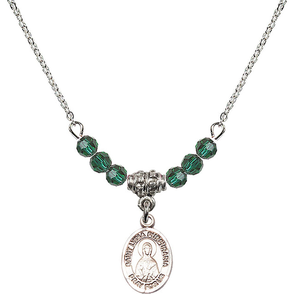 Sterling Silver Saint Lydia Purpuraria Birthstone Necklace with Emerald Beads - 9411
