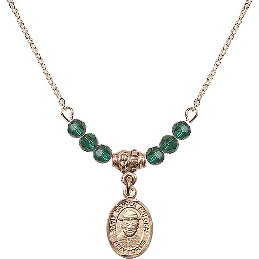 14kt Gold Filled Saint Damien of Molokai Birthstone Necklace with Emerald Beads - 9412