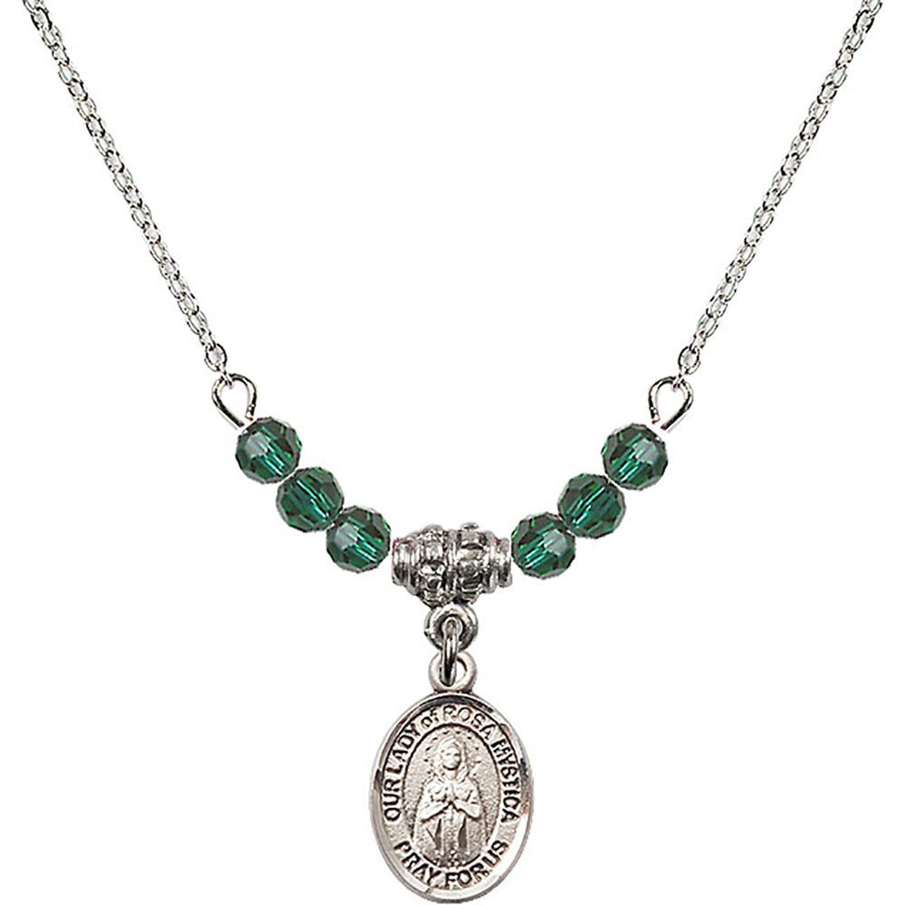 Sterling Silver Our Lady of Rosa Mystica Birthstone Necklace with Emerald Beads - 9413