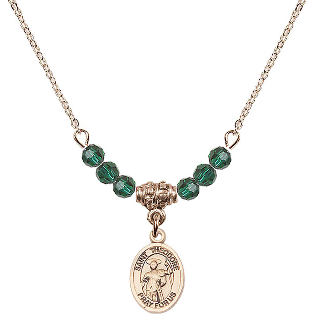 14kt Gold Filled Saint Theodore Stratelates Birthstone Necklace with Emerald Beads - 9415