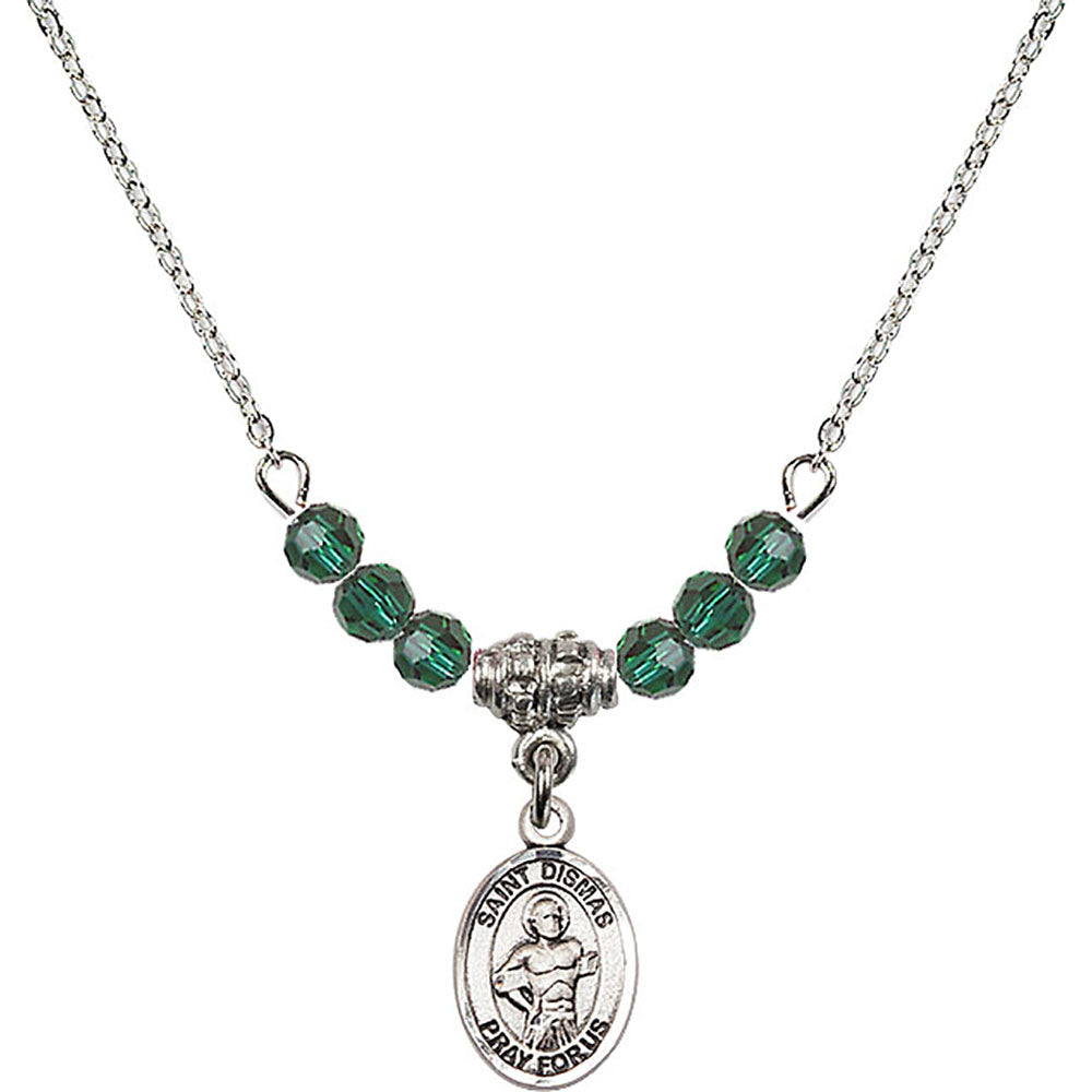 Sterling Silver Saint Dismas Birthstone Necklace with Emerald Beads - 9418