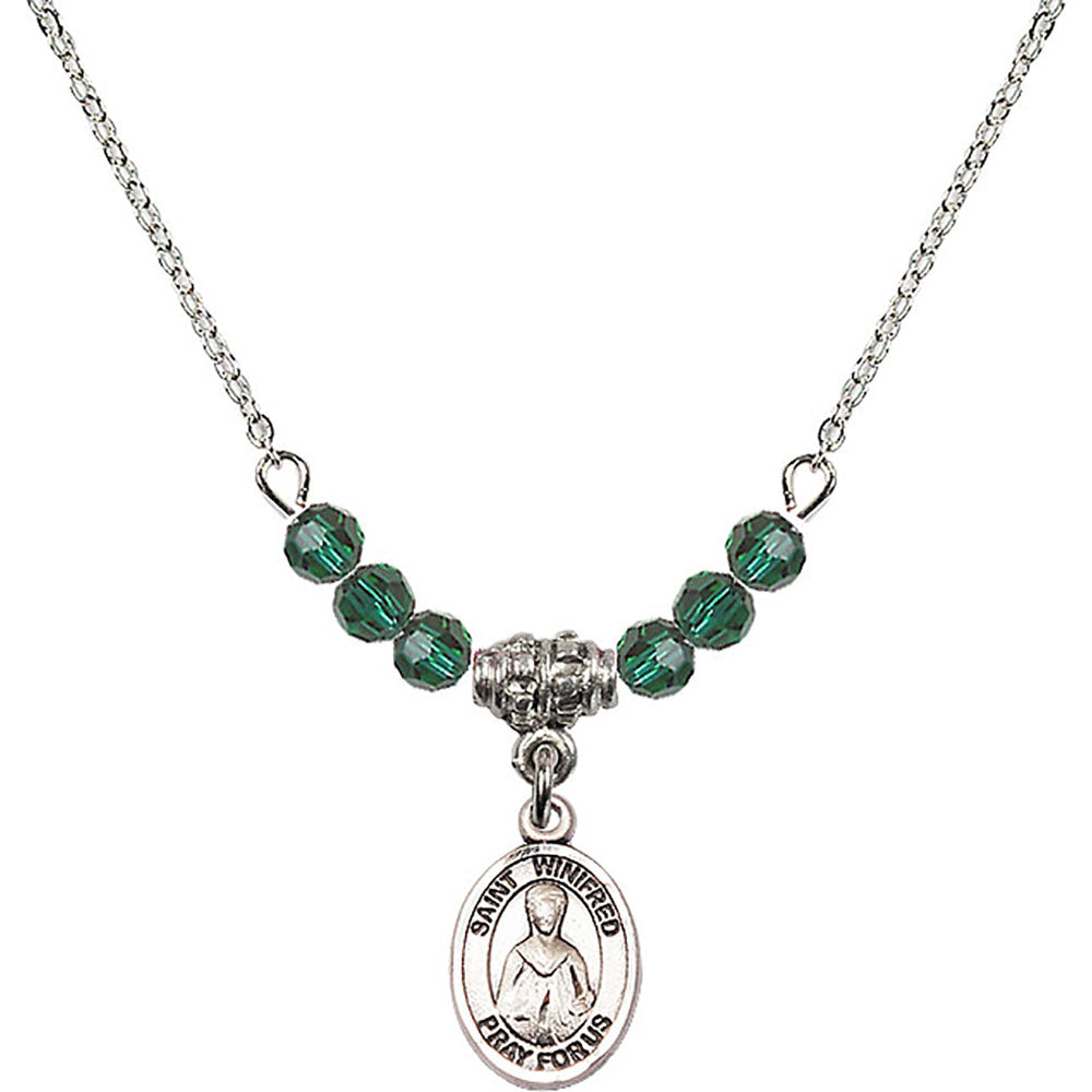 Sterling Silver Saint Winifred of Wales Birthstone Necklace with Emerald Beads - 9419