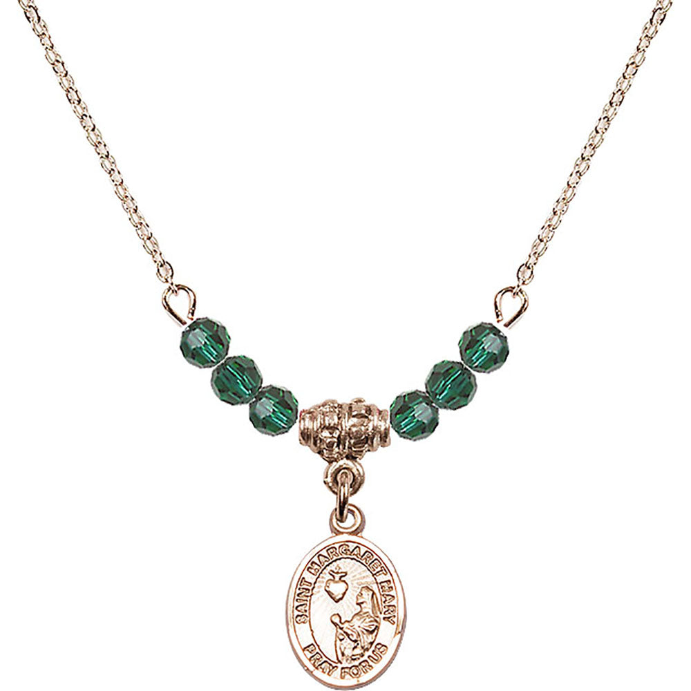 14kt Gold Filled Saint Margaret Mary Alacoque Birthstone Necklace with Emerald Beads - 9420