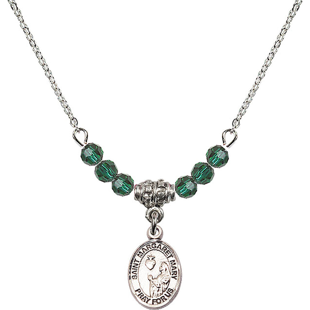 Sterling Silver Saint Margaret Mary Alacoque Birthstone Necklace with Emerald Beads - 9420