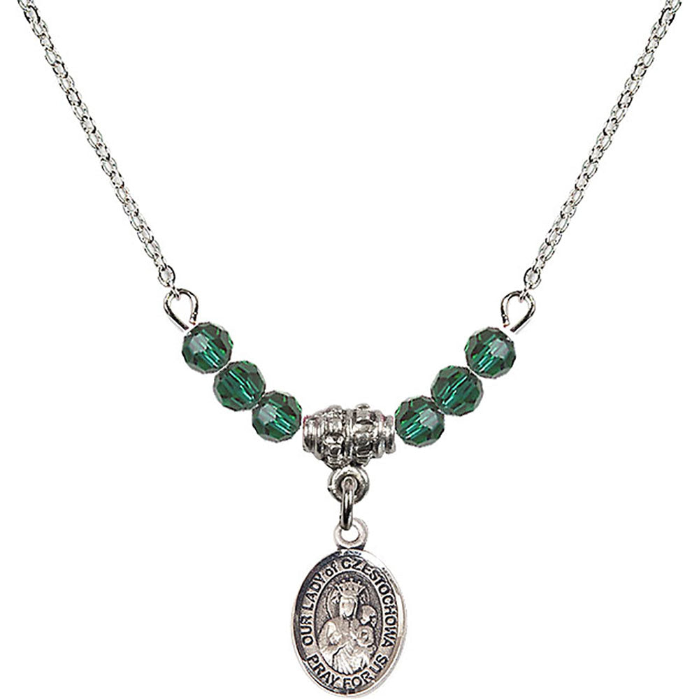 Sterling Silver Our Lady of Czestochowa Birthstone Necklace with Emerald Beads - 9421
