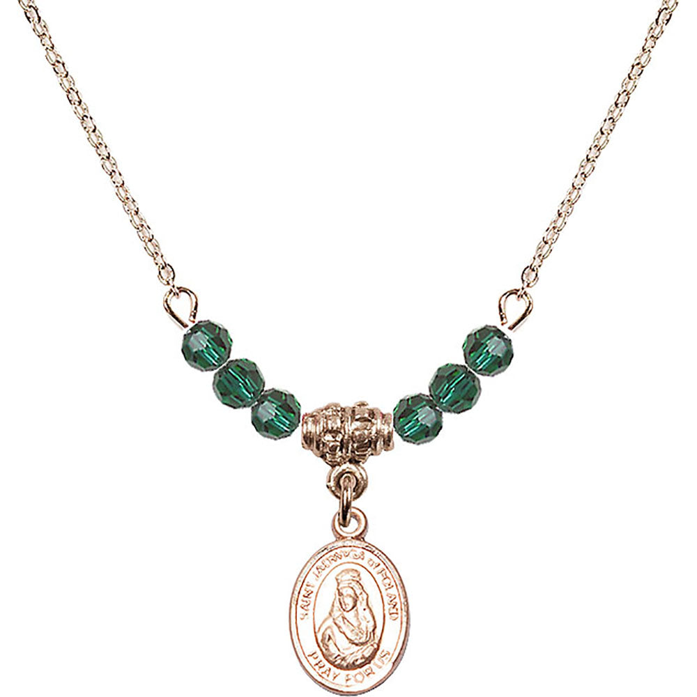14kt Gold Filled Saint Jadwiga of Poland Birthstone Necklace with Emerald Beads - 9434